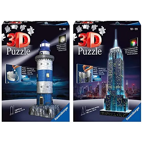 Ravensburger Italy- Puzzle 3D Faro-Edizione Speciale Notte, 216 Pezzi, 12577 7 & Puzzle 3D Empire State Building-Edizione Speciale Notte, 216 Pezzi, Colore Nero, Luce Led, 12566 1