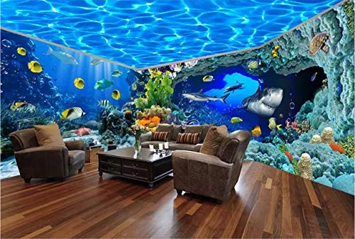 Fotomurali 3D Parete Subacquea Del Fondo Della Casa Piena Dello Spazio Di Tema Dell'Acquario Del Mondo Carta Da Parati 3D Effetto Quadri Murali Gigante Murale Decorazione