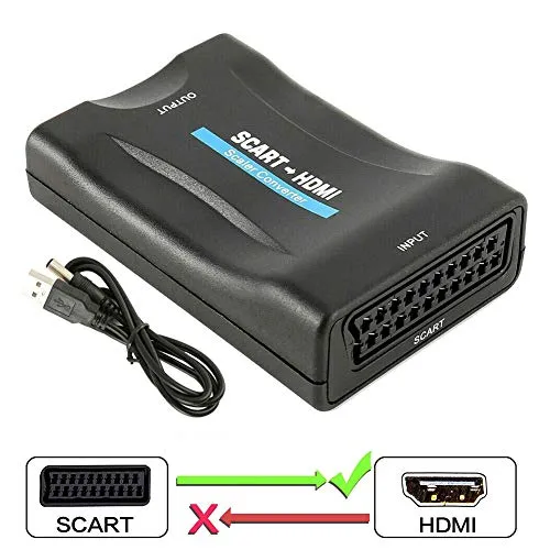 Hugomega Adattatore convertitore da scart a HDMI, scaler video convertitore audio supporto HDMI 720P/1080P uscita per monitor HDTV proiettore STB VHS Xbox PS3 Sky Blu-ray lettore DVD