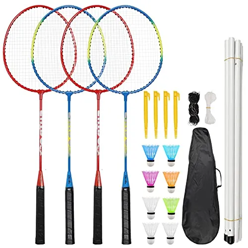 Herefun Set da Badminton, 4 Racchette da Badminton e 8 Volani, Badminton Racchette Set per Bambini Adulti, Fibra di Carbonio Badminton Set con Borsa da Trasporto per Principianti Famiglia Esterno