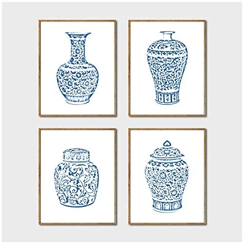 LIPENGYU Vaso di Zenzero Blu e Bianco Poster su Tela Stampe Vasi Cinesi Stampa su Tela Pittura Immagini per pareti per Soggiorno Decorazioni per la casa