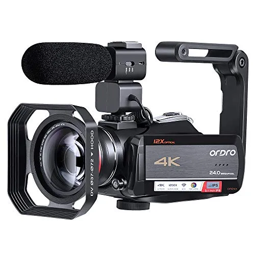 Videocamera ORDRO 4K Videocamera Ultra 1080P 60FPS Vlog 12X Lente Ottica 3.1"Touch Screen IPS Videocamera Digitale WiFi con Obiettivo Grandangolare per Microfono e Scheda SD da 32 GB