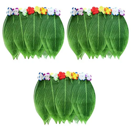 Gonna Hawaiana di Hula (3 Pcs)- 35cm (lunga) Hawaiano Gonna Foglia di Hula con Elastico - Gonna Hawaiana con Fiori di Ibisco Artificiale per Spiaggia Luau Party - Gonne Hawaiane Stile Foglia di Banana