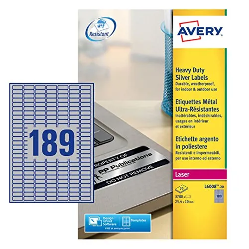 Avery Zweckform, L6008-20, Etichette ultra resistenti in poliestere per prodotti e dispositivi, 20 fogli, 25,5 x 10 mm