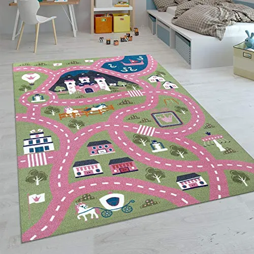 Paco Home Tappeti da Gioco a Pelo Corto Colorati per camerette dei Bambini con Diversi Motivi, Dimensione:100x200 cm, Colore:Rosa