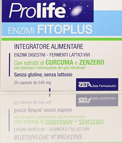 Prolife Enzimi Fitoplus Probiotici Curcuma Zenzero Contro Gonfiore Addominale, 20 capsule da 545 mg, 20 unità, 1