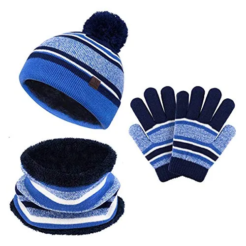 Set di Guanti per Sciarpa con Cappello Invernale per Bambini, Guanti con Ghetta per Scaldacollo in Maglia Lavorata a Maglia per Neonato 3PC, Cappellini con Strisce in Pom per Ragazzi Ragazze Bambini