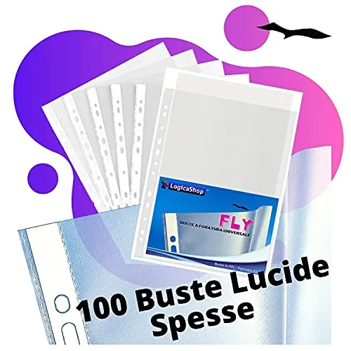 LogicaShop Fly Buste Trasparenti Anelli A4, Cartelline Plastica con Fori Portadocumenti, Bustine Forate Raccoglitori, Fogli Portalistini Foratura Universale, Perforate 22x30 (Lucide, 100 Pezzi)