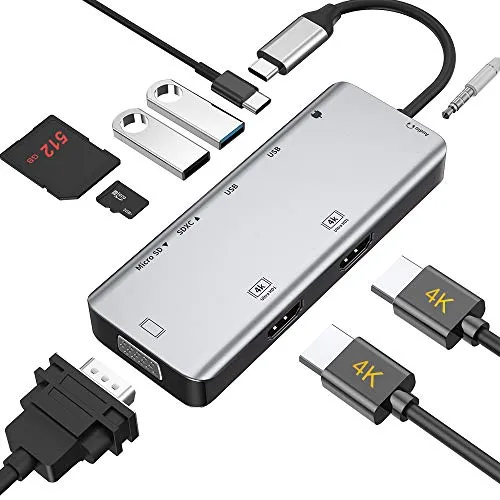 Hub USB C 2 HDMI, adattatore USB C 9 in 1 con doppio HDMI 4K, VGA, triplo display con supporto Windows, AUX 3,5 mm, USB C a USB 3.0, lettore di schede MicroSD, adattatore per MacBook Pro / Air