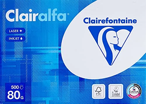 Clairefontaine 1979C Carta da stampa opaca Clairalfa (1 Ries con 500 fogli, A4, 21 x 29,7 cm, 80 g, ideale per copie e stampe giornaliere) bianco