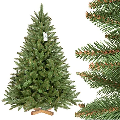 FairyTrees Artificiale Albero di Natale Abete Rosso Naturale, Verde Tronco, Materiale PVC, incl. Supporto in Legno, 150cm