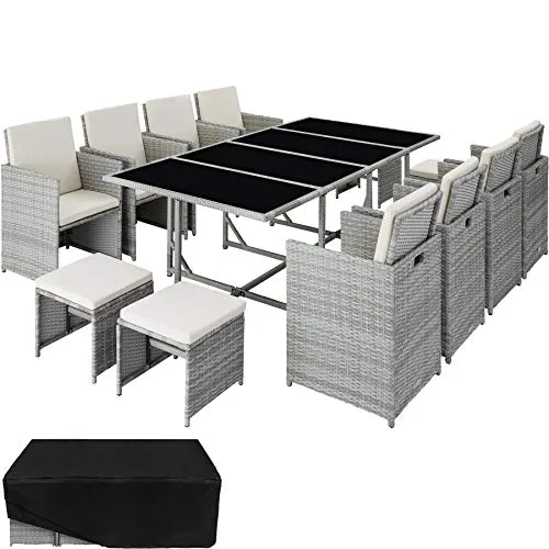 TecTake 800823 Set da Giardino Rattan 8+4+1, 8X Sedie 4X Sgabelli Tavolo, Viti in Acciaio Inox, Involucro di Protezione, Arredamento da Esterno (Grigio Chiaro)