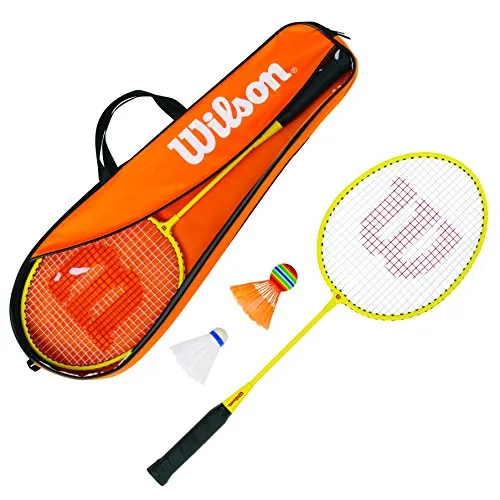 Wilson Junior Kit, Set Badminton, 2 Racchette Incluse, 2 Volani in, Plastica e Una Borsa di Trasporto, WRT8756003 Unisex, Arancio/Giallo