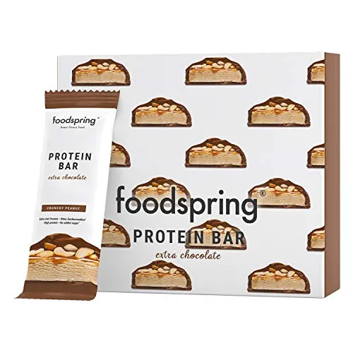 foodspring Barretta Proteica Extra Cioccolato, Crunchy Peanut, 12x65g, con un ridotto contenuto di zuccheri e tante proteine