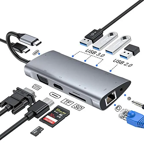 Hub USB C, adattatore hub di tipo C con VGA 1080P, jack audio da 3,5 mm, 4K HDMI, Ethernet RJ45, 4 porte USB 3.0 / 2.0, porta PD USB-C, hub lettore di schede SD / TF per Macbook, Dex e altro (grey)