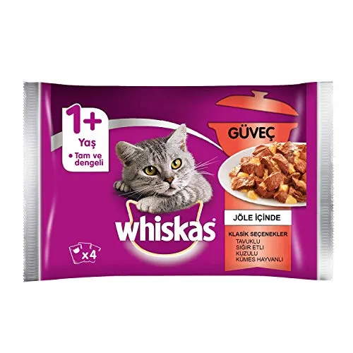 Whiskas 1+ Straccetti in Gelatina Selezione Gustosa - 4 Pezzi da 85 g, Totale: 340 g