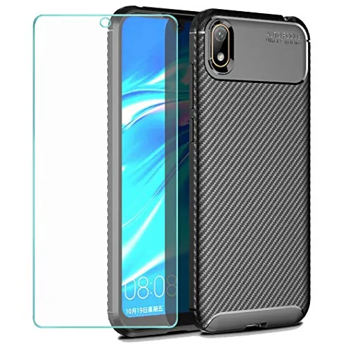 Wanxideng - Cover Huawei Y5 2019 + Pellicola Protettiva in Vetro Temperato, [Texture in Fibra di Carbonio] Custodia Robusta per Armature Cover in Silicone Morbido e Sottile - Nero