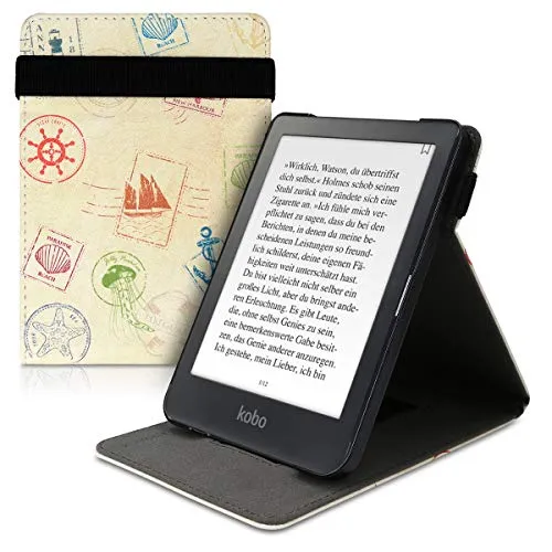 kwmobile Custodia Verticale e-Reader Compatibile con Kobo Clara HD - Cover con Fascia Mano e leggìo - Flip Case e-Book in Pelle PU - Timbri marini Verde/Blu/Beige