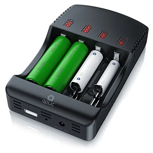 Aplic - Caricabatterie universale - Caricabatterie intelligente - 4 alloggiamenti di ricarica - Incl. 1 porta USB Funzione Powerbank - Rilevamento dei difetti della batteria