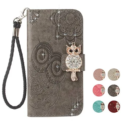 E-Panda Custodia Cover Huawei P20 Lite Brillantini Glitter Mandala Gufo Fiori Belle Disegni PU Pelle Flip Portafoglio + TPU Silicone Morbida Bumper 360 Gradi Antiurto -Grigio