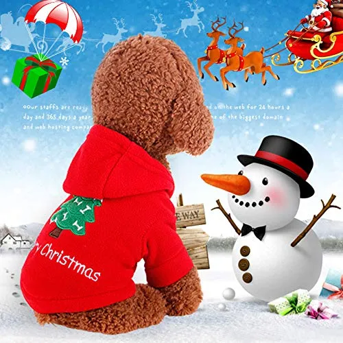 Idepet Costume da Cane Gatto di Santa Pet Merry Christmas Tree Pattern Clothes Felpa con Cappuccio in Cotone per Cane Gatto Taglia XS S M L XL (XS)