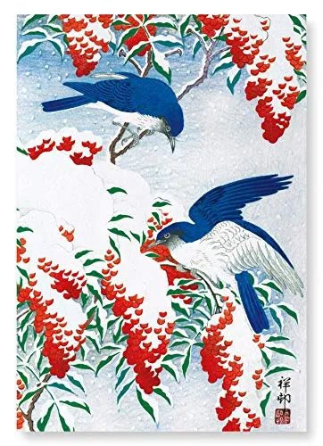 Biglietto di auguri giapponese con uccellino invernale A4 Coppia di uccelli e nandina