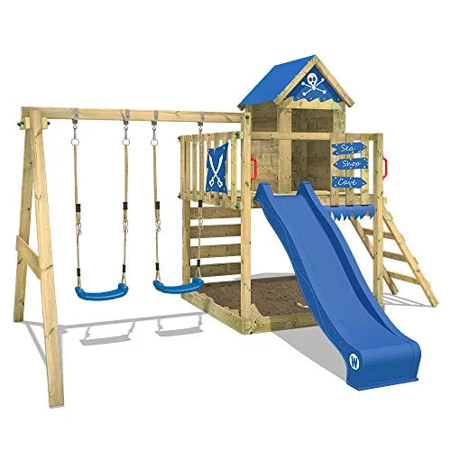 WICKEY Parco giochi in legno Smart Cave Giochi da giardino con altalena e scivolo blu, Casetta da gioco per l'arrampicata con sabbiera e scala di risalita per bambini