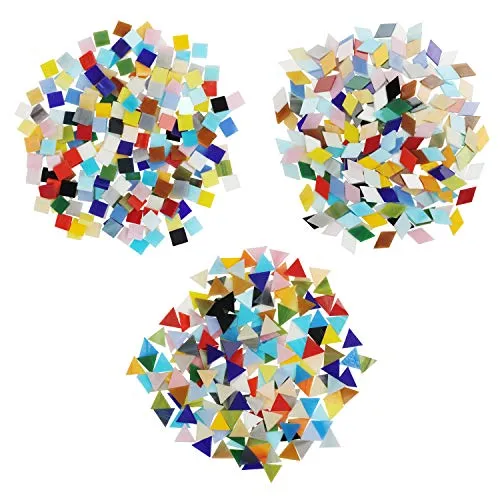 Belle Vous 600pz-480g Tessere Mosaico Vetro Colorato 3 Forme - Diamanti (2 x 1,2 cm), Triangoli (1,5 x 1,5 x 1,5 cm) e Quadrati (1x1 cm) - Tessere per Mosaico Piastrelle per Arte, Casa e Decorazioni