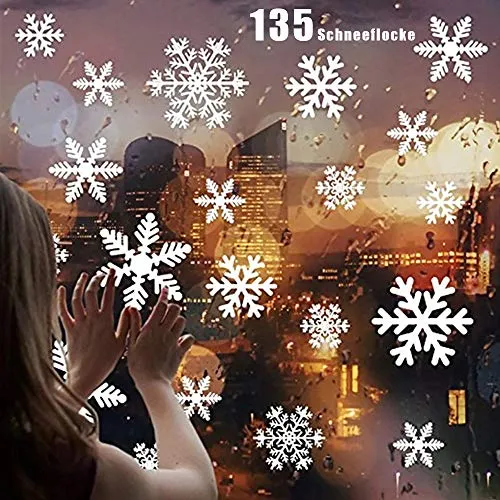 ZoneYan Vetrofanie Fiocchi di Neve per Natale, 135 Fiocco di Neve Stickers da Vetro, 5 Fogli Adesivo Fiocco di Neve, Fiocco di Neve Decorazioni Natalizie,Natale Vetrofanie Rimovibile Adesivi