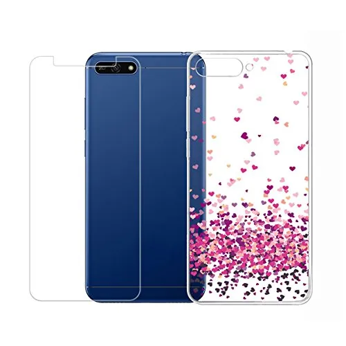 LJSM Huawei Y6 2018 Trasparente Cover + Pellicola Protettiva in Vetro Temperato Pellicola Vetro Temperat - Morbido Clear Silicone Custodie Protettivo TPU Gel Sottile Cover (5.7") -WM85