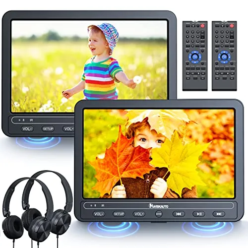 NAVISKAUTO Doppio Lettore DVD Portatile, 2 Lettore dvd Auto Poggiatesta con Batteria da 5 Ore, con Scheda SD e USB con 2 Telecomando 18 Mesi di Garanzia