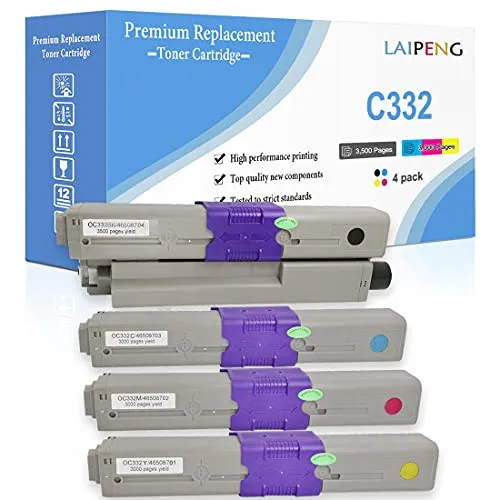 4 Colors Compatible Toner Cartridges OKI C332 MC363 C332dn MC363dn C332dnw MC332dnw Printing Volume 3500 Pages for Black and 3000 Pages for C M Y for OKI Okidata Color Laser Printers