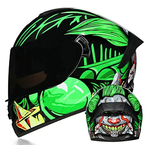 Casco moto doppia lente auto sportiva casco integrale casco completo moto-verde pagliaccio (specchio da tè) _M