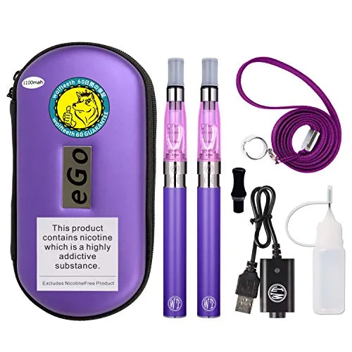 WOLFTEETH 2 Pack CE4 E Sigaretta Starter Kit | 1100mAh Batteria CE4 Atomizzatore Ricaricabile | Sigaretta Elettronica Vaporizzatore Caso Set | Senza Liquido Nicotina Tabacco Viola / 1008