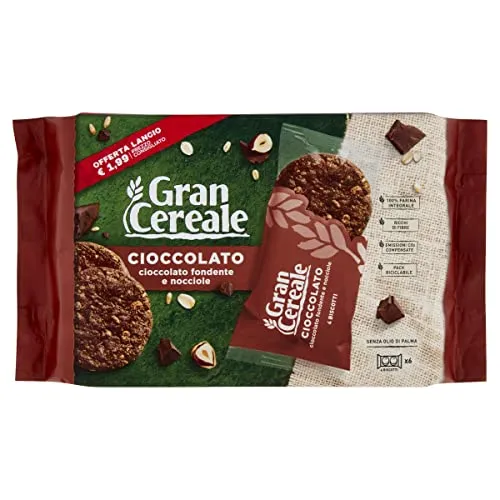 Gran Cereale Cioccolato, Biscotti con Cioccolato Fondente e Nocciole, Confezione 216 g con 6 Monoporzioni da 4 Biscotti