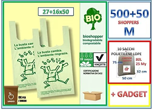 500+50 BORSE SPESA 27x50 MEDIE (+10 SACCHI GRANDI LDPE). Shopper biodegradabili e compostabili
