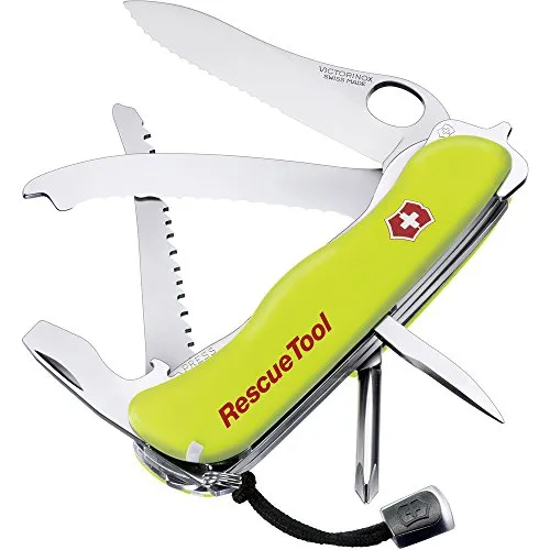 Victorinox, Rescue Tool, coltellino tascabile (15 funzioni, seghetto per parabrezza, rompivetro di emergenza) illuminazione notturna di colore giallo