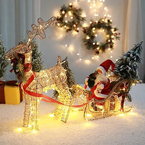 Luccichio Renna con Slitta Babbo Natale Figura Luminosa LED Deco Cervi Natale Bianca Calda Metallo Ferro Cornice Decorazioni Natalizie per Interni ed Esterni