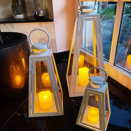 INDA-Exclusiv Set di 3 lanterne da giardino a forma di piramide, in vetro, 27/40/55 cm, colore: bianco