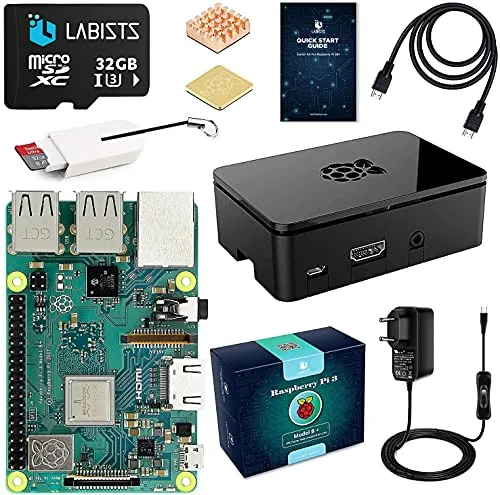 Raspberry Pi 3 Modello B+ (Plus) Starter Kit Barebone Madre con Micro SD Card 32GB, Custodia Nera e Power Supply 5V 2.5A con Interruttore