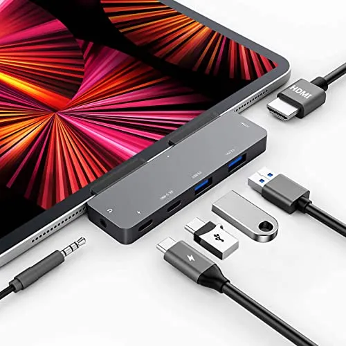 hub USB C per M1 iPad Pro 2021-2018/iPad Air 4/iPad Mini 6,Adattatore USB C con 4K HDMI,2 Porta USB3.0,Jack audio da 3.5mm,PD 60W,Porta dati USB-C