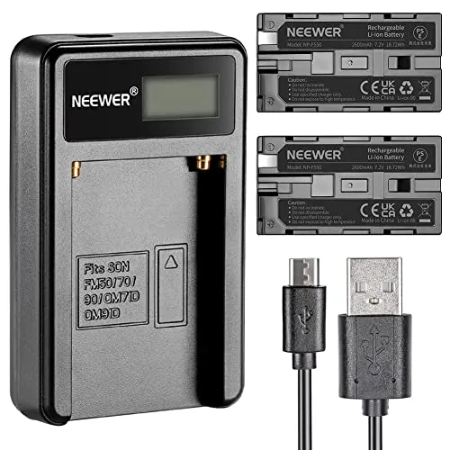 NEEWER Caricabatteria Micro USB + 2 Batterie di Ricambio 2600mAh NP-F550/570/530 per Sony HandyCams, NEEWER Nanguang CN-160,CN-216,CN-126 LED Luce, Polaroid On-Camera Video Luce