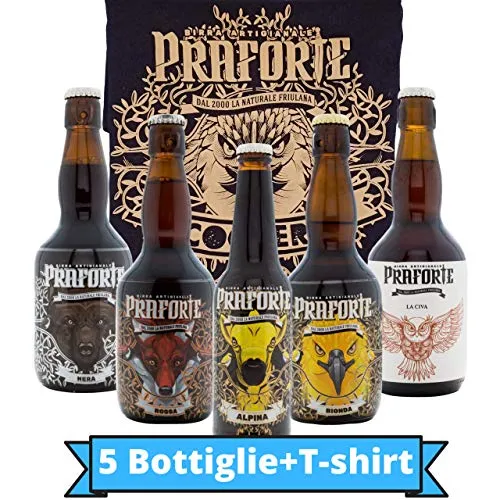 Birra Praforte Selezione Completa - Birra Bionda, Rossa, Scura e Chiara - Birre Premium ad Alta e Bassa Fermentazione - Confezione regalo da 5 bottiglie e maglietta Praforte