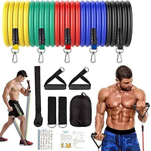 Bande di resistenza , Bande Elastiche Fitness Set 11 Pezzi , elastici fitness con maniglie , elastici fitness uomo , per Allenamento Palestra Pilates Yoga Riabilitazione, Kit Allenamento Casa per