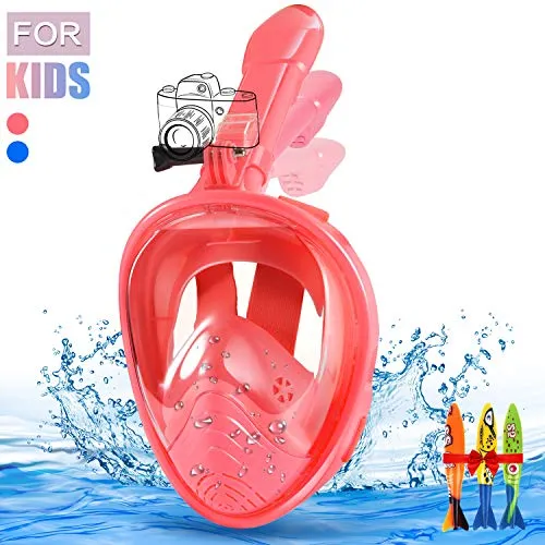 E-MANIS Maschere da Immersione,Snorkeling Maschera Full Face 180° Visibile Antiappannamento Antifiltrazioni Tubo Respiratorio Pieghevole Supporto Telecamera per Bambini (Rosa)