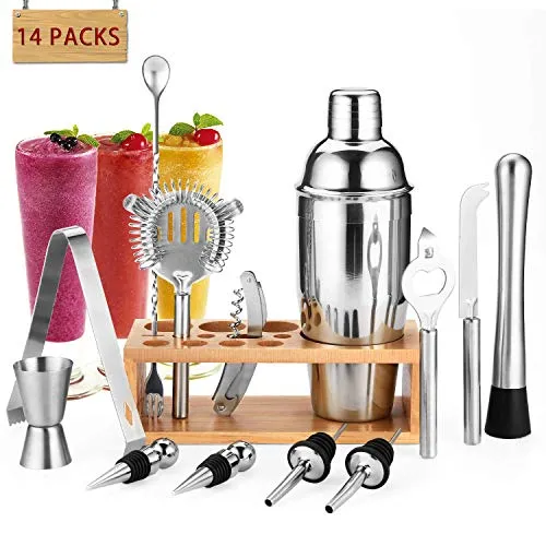 Gomyhom Shaker Cocktail Set, 14 Pezzi Kit Barman Professionale in Acciaio Inox, 750ml Shaker per Cocktail con Supporto in bambù, per Casa E Bar Ricetta Regali per Lui