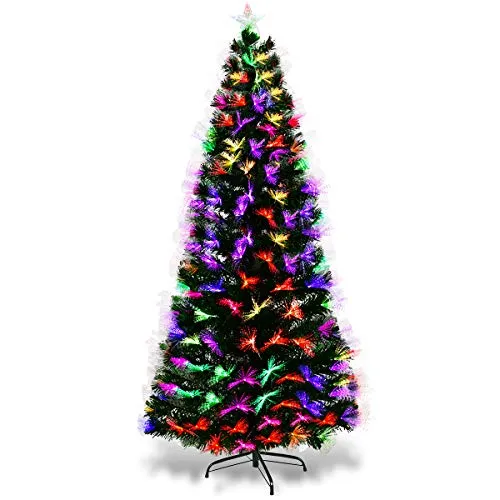 COSTWAY Albero di Natale a LED Albero di Abete Artificiale, con Fibra Ottica di Vetro Luce Colorato, 7 Colori, Verde, 150-210cm (180cm)
