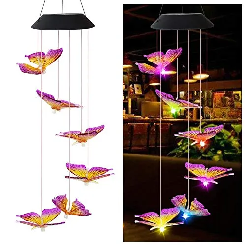 Demiawaking Scacciapensieri LED Solare Farfalla Campane Tubolari a LED Multicolore Luci da Giardino Solari Campane a Vento da Appendere Lampada a Sospensione Cambia Colore (Viola)