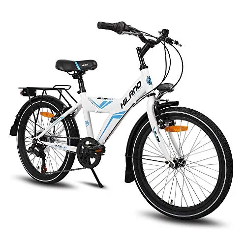 Hiland Rocket - Bicicletta per bambini dai 7 ai 9 anni, 20 pollici, con cambio a 6 velocità, portapacchi, freno a mano, nero/bianco, Bambini, bianco