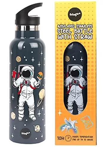 Fringoo - Bottiglia d'acqua per bambini astronauta con cannuccia - Bottiglie d'acqua alte senza BPA - Bottiglia d'acqua in acciaio inossidabile - Bottiglie d'acqua per bambini - 600 ml
